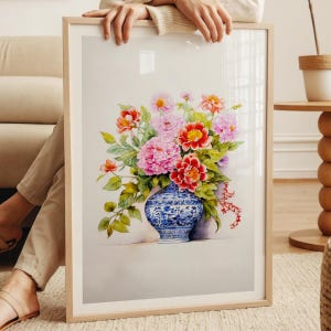 Grand millennial Chinoiserie Bouquet Wall Art Illustration, Floral Chinoiserie, Wabi Sabi Wall Art, Pink Decor, Vintage Style Wall Art