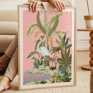 Fine Art Print: Grandmillennial Chinoiserie Crane Heron Bird in Jungle Illustration, Pink Decor, Vintage Style Wall Art