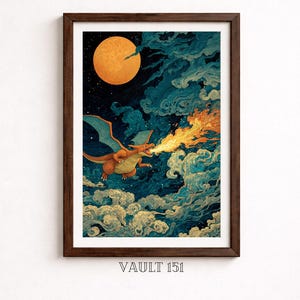 May include: Framed artwork featuring a dragon spewing fire in a night sky with a full moon. The dragon is orange and teal, set against a backdrop of swirling blue and white clouds. The artwork is framed in a dark brown wooden frame. The text "VAULT 151" is at the bottom.