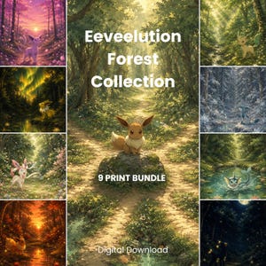 Eeveelution Nature Collection | 9 Pokémon Inspired Poster | Pokemon Wall Art | Gaming Room Decor | Digital Download