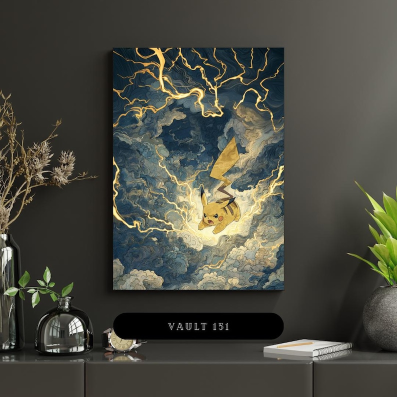 May include: A canvas print featuring Pikachu in a dynamic pose amidst a stormy sky with golden lightning bolts. The artwork has a dramatic, artistic style with a dark blue and yellow color palette. The text "VAULT 151" is at the bottom.