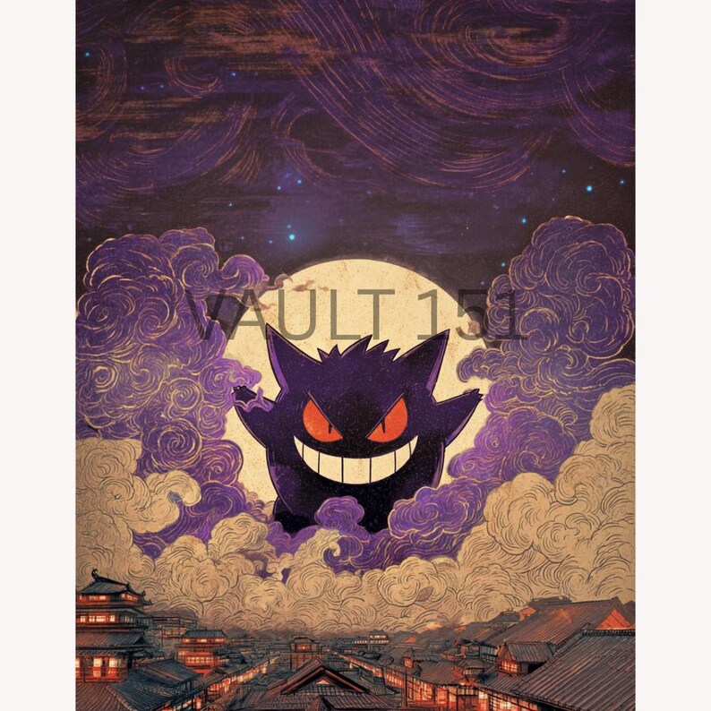 May include: Digital art print depicting a purple Gengar character with red eyes, set against a full moon and a night sky with clouds. The print includes the text "VAULT 15" and a Japanese-style cityscape.