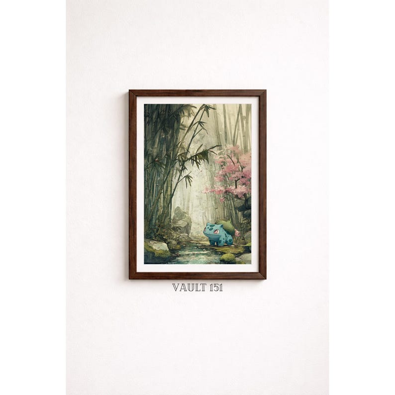 May include: Framed art print featuring a serene forest scene with bamboo, cherry blossoms, and a blue creature. The artwork is set in a dark brown frame and includes the text "VAULT 151" at the bottom.