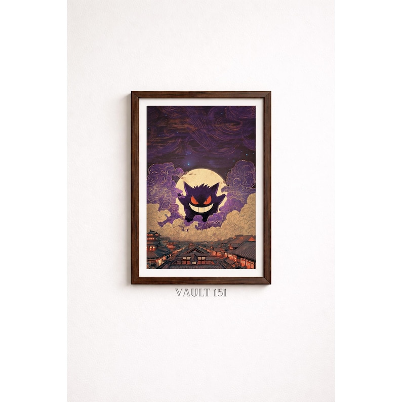 Gengar Moonlit Town | Japanese Ukiyo-e Wood Block | Pokemon Wall Art | Pokémon Room Decor | Gaming Poster | Digital Poster Print image 1