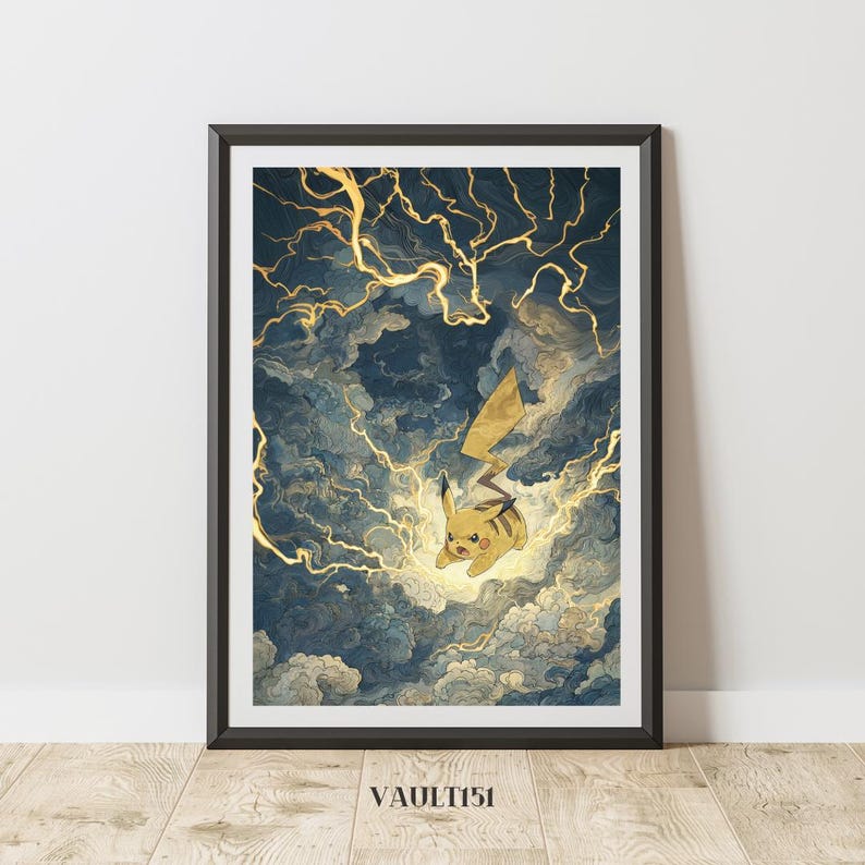 May include: Framed art print featuring Pikachu in a dynamic pose amidst a stormy sky with golden lightning bolts. The artwork has a dark blue and gold color palette, with the text "VAULT151" at the bottom.