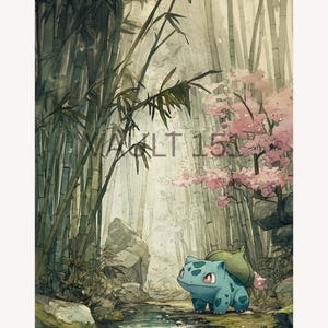 May include: An illustration of a Bulbasaur in a bamboo forest with a stream. The artwork features a soft color palette with shades of green, pink, and brown. The text "WALT 151" is visible in the upper left corner.