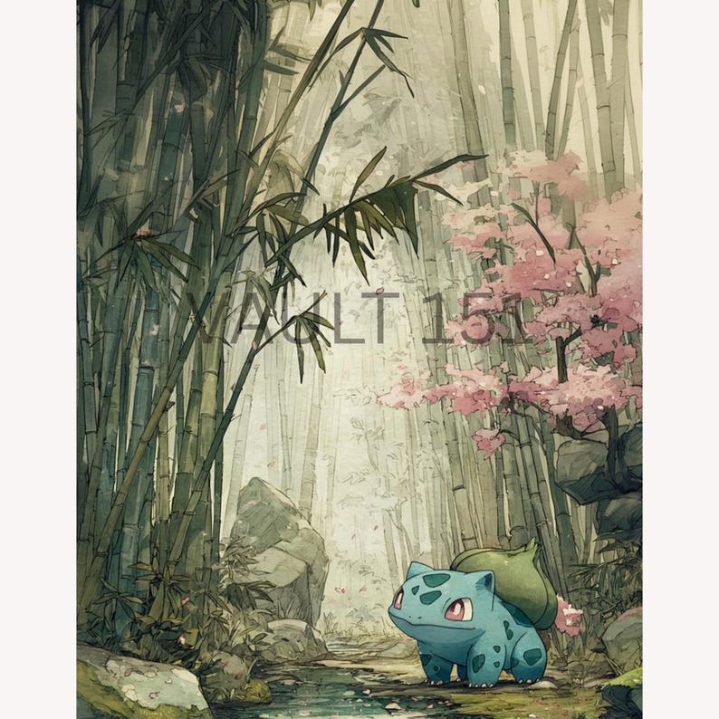 May include: An illustration of a Bulbasaur in a bamboo forest with a stream. The artwork features a soft color palette with shades of green, pink, and brown. The text "WALT 151" is visible in the upper left corner.