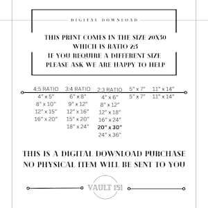 May include: A digital download print size chart with various aspect ratios and dimensions, including 20x30 inches. Text includes "Digital Download" and "This is a digital download purchase. No physical item will be sent to you."