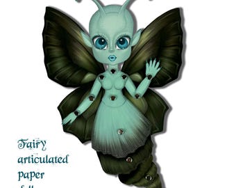 May include: A teal blue fairy paper doll with black wings and a green and black shell-like skirt. The doll is articulated and has the text "Fairy articulated paper doll" and "Mothela Moth" on the image.