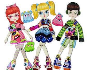 May include: A colorful articulated paper doll set featuring a monster family. The set includes a girl with red hair, a girl with blonde hair, and a boy with brown hair. Each doll has a unique monster-themed outfit and accessories. The dolls are designed to be cut out and assembled.