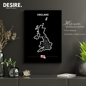 Engeland - Kaart | Aluminium metalen poster | Wanddecoratie afdrukken | Kunst aan de muur | Wanddecoratie voor slaapkamers en woonkamers | Kunst | Afdrukken