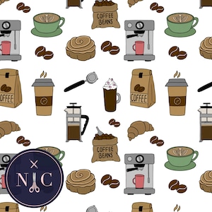 May include: A repeating pattern of coffee-related illustrations on a white background. The design includes coffee cups, espresso machines, coffee beans, bags of coffee beans, croissants, and cinnamon rolls. The color palette is brown, green, and beige.