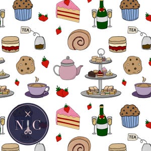 May include: A repeating pattern featuring tea party items on a white background. The design includes cupcakes, cake slices, cookies, a teapot, teacups, strawberries, tea bags, and a three-tiered serving tray. A bottle of champagne and glasses are also included.