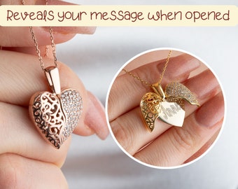 Personalized Heart Locket, Secret Message Charm, Angel Wings Jewelry, Engraved Name Pendant, Folding Zirconia Necklace, Gift for Mothers Day