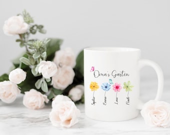 Tazza da giardino della nonna, tazza personalizzata per la nonna con i nomi dei nipoti, la migliore tazza per la nonna per il compleanno, tazza regalo per la festa della mamma