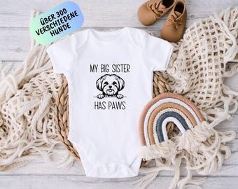 Mijn grote zus heeft poten bodysuit, gepersonaliseerd babycadeau, gepersonaliseerde babybody met honden, kraamcadeau, huisdier babybody
