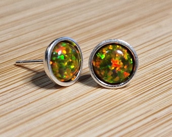 Runde Sterling Silber Olive Opal Ohrstecker ( 1 Paar)