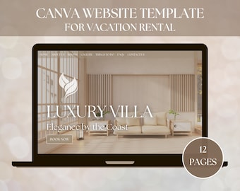 May include: A laptop screen displaying a website template for a vacation rental. The website is for a luxury villa with the text "Luxury Villa" and "Elegance by the Coast". The website has a light wood background and a beige sofa with pillows. The website also has a "Book Now" button. The laptop is on a light brown surface. The image also includes the text "12 Pages".