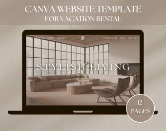 May include: A laptop computer screen displaying a website template for a vacation rental. The website is titled "Stylish Living" and features a photo of a modern living room with a couch, chairs, and a coffee table. The text "Experience the perfect blend of urban comfort and natural beauty" is displayed below the title. The website has a menu bar with the following options: About Us, Rooms, Gallery, Things to Do, FAQs, and Contact Us. The laptop is on a light brown surface. The text "12 Pages" is displayed in a circle on the right side of the laptop.