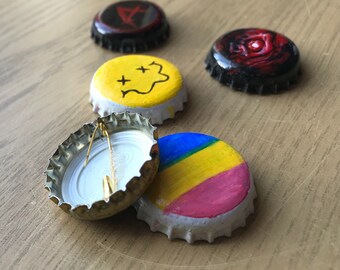 Homemade Customised Bottle Cap Pin Badges (painted)