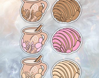 May include: A set of six stickers featuring three tan ceramic mugs with cinnamon sticks and three round sweet breads in brown, pink, and light tan. The mugs have decorative white floral patterns and handles. Each sticker has a white border outline.