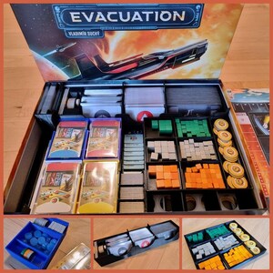 May include: A custom-made organizer for the board game "Evacuation" by Vladimir Suchy. The organizer features compartments for cards, tokens, and tiles. The organizer is made of black plastic and has a gray interior. The organizer is shown in a game box with the game's title on the lid.