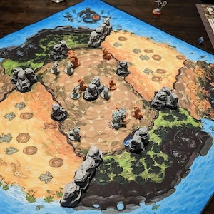 May include: A game board with a blue, orange, and brown map with gray and orange game pieces. The board is made of a thick, durable material and is designed for use with a variety of games.