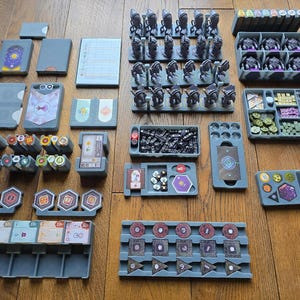 Peut inclure: Ensemble d'organisateurs et de composants de jeu gris, comprenant des figurines miniatures, des cartes, des jetons et des dés. Les organisateurs sont conçus pour contenir diverses pièces de jeu, avec différents compartiments pour chaque type d'article. Les pièces de jeu sont de couleurs variées.