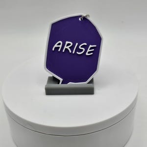 Könnte beinhalten: Lilafarbener Schlüsselanhänger mit weißer Aufschrift "ARISE". Der Schlüsselanhänger hat die Form eines abgerundeten Rechtecks mit einem silbernen Ring.