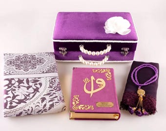 Purple Box Bridal Gift Set: Shawl + Prayer Mat + Prayer Beads + Quran (Velvet, Hafiz Size)