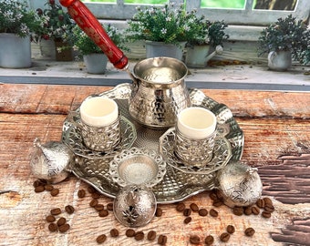 Handmade Turkish Coffee Set of 2, Traditional Coffee Set, Copper-Zamak Coffee Gift Set, Espresso Set, Housewarming Gift, Unique Home Gift
