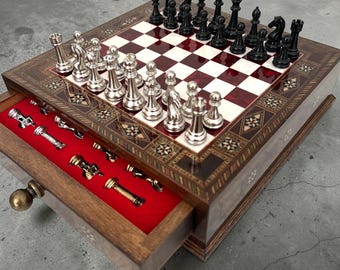 Luxury Wooden Chess Set with Metal Pieces, Chess Set with Drawer, 25x25 cm Premium Chess Board, Gift for Chess Lovers, Office Decor