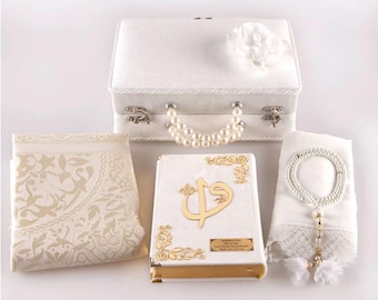 White Velvet Bridal Gift Set: Quran, Shawl, Prayer Mat, Beads