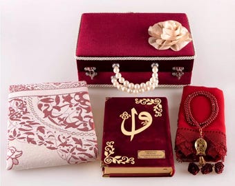 Burgundy Velvet Beaded Box Islamic Bridal Gift Set: Quran, Prayer Mat, Shawl, Beads