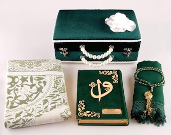 Green Velvet Islamic Bridal Gift Set: Quran, Shawl, Prayer Mat, Beads