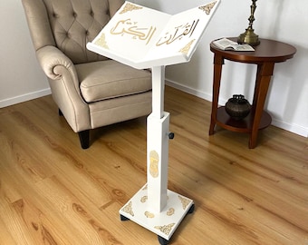 White Wooden Quran Stand: Adjustable Height Lectern with Wheels | Quran Holder | Islamic Ramadan Gift