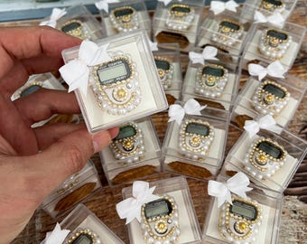 White Digital Tasbih Gift Box, Pearl Gold Islamic Prayer Beads, Dhikr Counter Favors