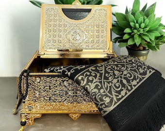 Personalized Boxed Quran Gift Set: Prayer Rug & Tasbeeh Included, Nikkah, Hajj, Umrah, Housewarming Gift