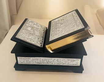 Luxury Silver Plated Quran Box with Wooden Rehal, Holy Quran Gift Set, Islamic Wedding Gift, Personalized Eid Ramadan Decor