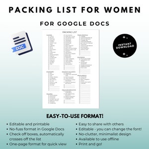 Könnte beinhalten: Eine schwarz-weiße druckbare Packliste für Frauen, die für Google Docs entwickelt wurde. Die Liste enthält Kategorien für Kleidung, Reiseutensilien, Elektronik, wichtige Dokumente, Gesundheit und Medikamente, Toilettenartikel und Accessoires. Die Liste ist mit Kontrollkästchen für jeden Artikel formatiert.