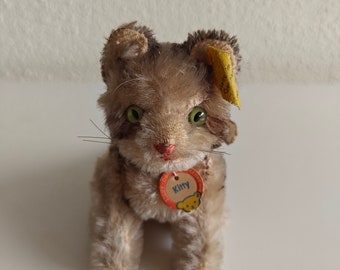 Vintage Steiff Kat "Kitty" volledig geschijfd - met originele ID, knop en label - uitstekende staat