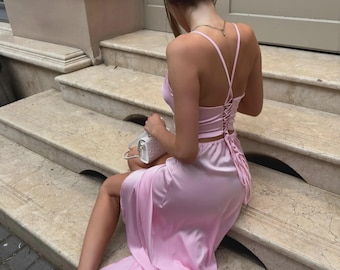 Pink Satin Maxi Slip Dress, Lace-Up Open Back, Spaghetti Straps, Evening Gown for women Custom Sizes