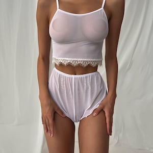 White bridesmaid pajama Women's nightwear set Transparent nightgown with Crop tip and Mini shorts Plus size lingerie Bridal lingerie Wedding underwear