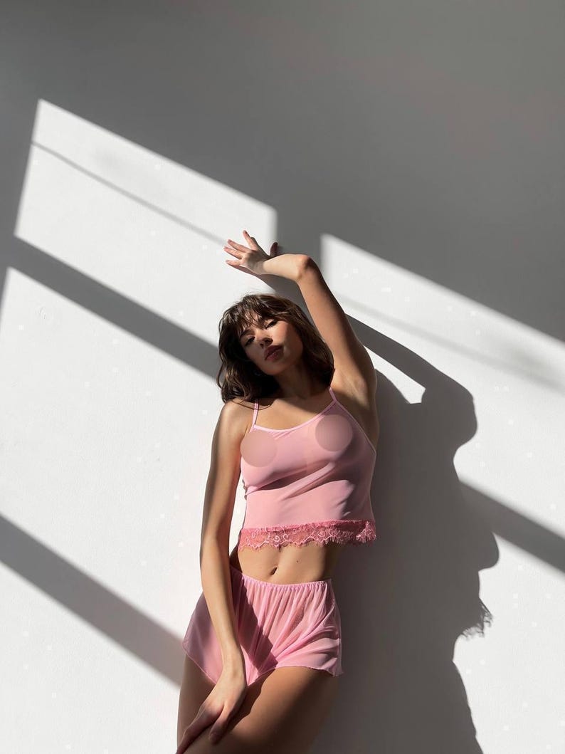 White bridesmaid pajama Women's nightwear set Transparent nightgown with Crop tip and Mini shorts Plus size lingerie Bridal lingerie Wedding underwear