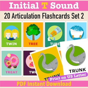 20 Initial T Sound Flashcards, Printable Initial /t/ Speech & Language Cards US LETTER, T Beginning Sound Articulation Cards, Speech Therapy