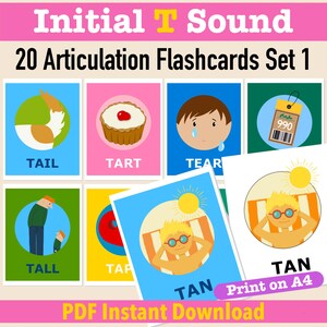 20 Initial T Sound Flashcards, Printable Initial /t/ Speech & Language Cards A4, T Beginning Sound Articulation Cards, Speech Therapy