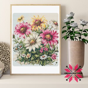 Daisy Floral Cross Stitch Pattern Embroidery, Landscape Cross Stitch Designs, Cross Stitch Chart, Easy Cross Stitch Pdf