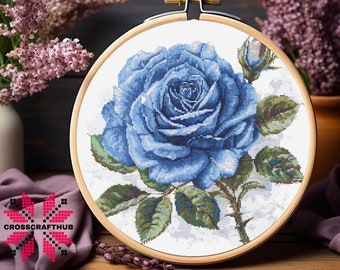 Blue Rose Cross Stitch Embroidery Pattern , Floral Cross Stitch Designs, Cross Stitch Chart, Easy Cross Stitch Pdf