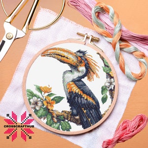 Hornbill Bird Cross Stitch Pattern, Modern Cross Stitch Designs, Beginner Embroidery Kit, Cute Cross Stitch Pdf Download