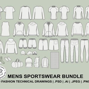 Könnte beinhalten: Eine Sammlung von 40 technischen Modeskizzen für Sportbekleidung, darunter T-Shirts, Kapuzenpullover, Sweatshirts, Shorts, Hosen, Socken, Mützen und Taschen. Das Bild enthält den Text MENS SPORTSWEAR BUNDLE und 40 FASHION TECHNICAL DRAWINGS | .PSD | .AI | .JPEG | .PNG.